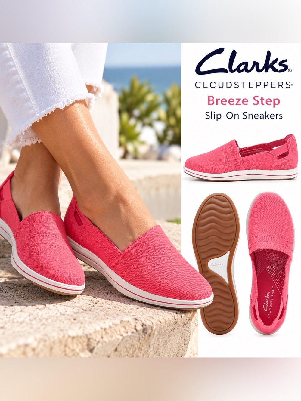 Clarks Cloudsteppers Breeze Step Coral Canvas Slip-On Sneakers Women’s 9 NIB